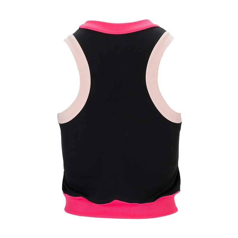 Women’s sport tank top, black back with pink neck and hem, beige side colorblock