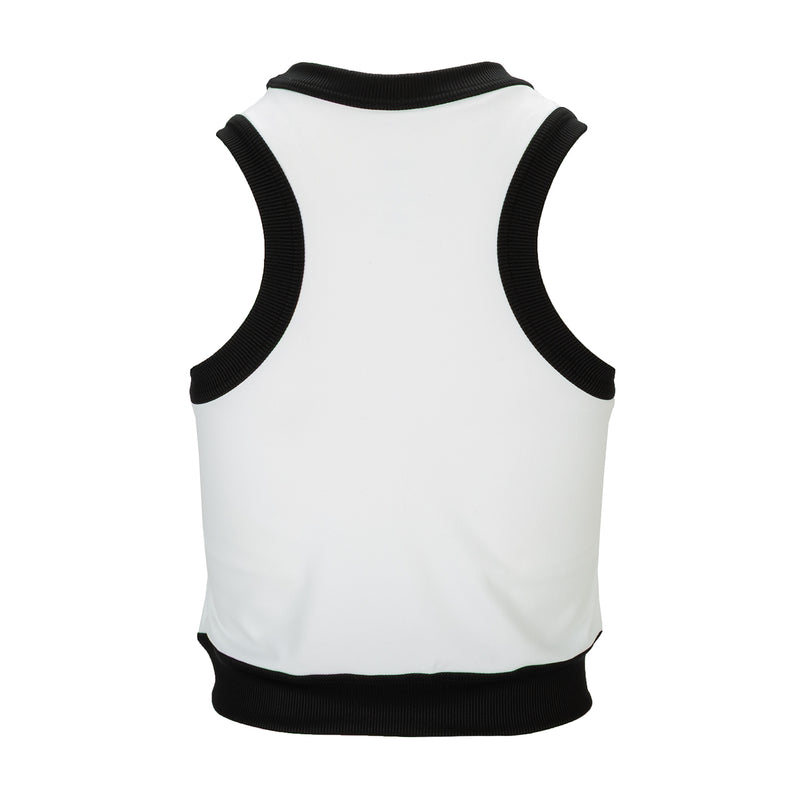 White sleeveless sport tank top with black ribbed crew neck and hem