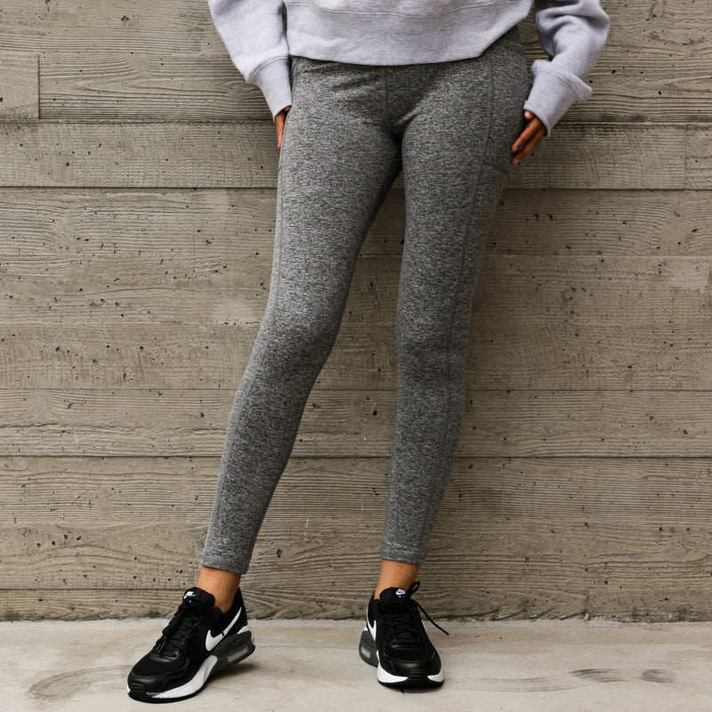Women’s charcoal heather leggings, fitted mid-rise with tapered full-length legs