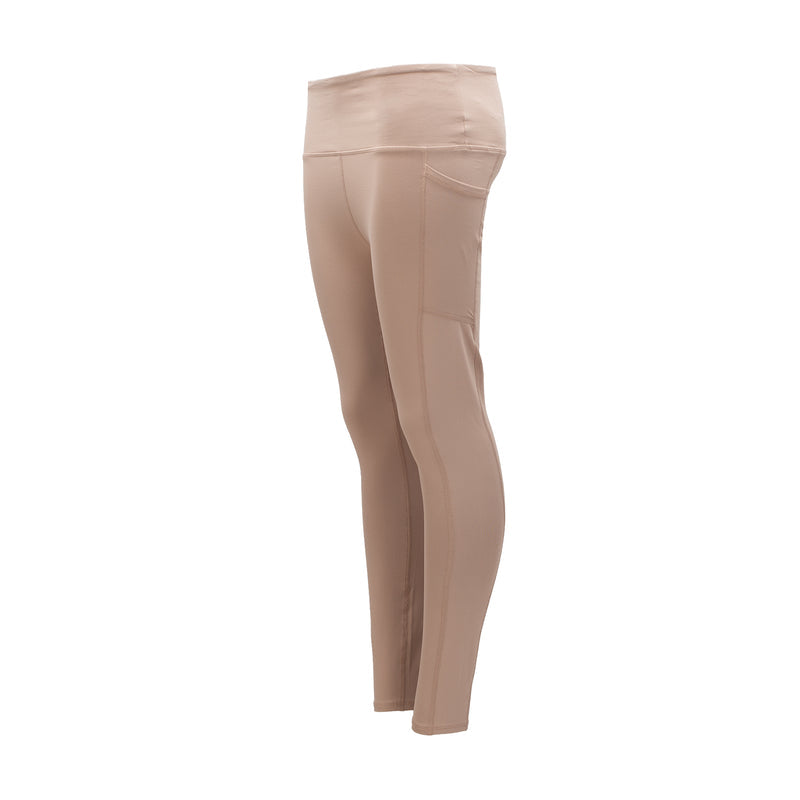 Womens high-waist leggings, light taupe, side profile full-length