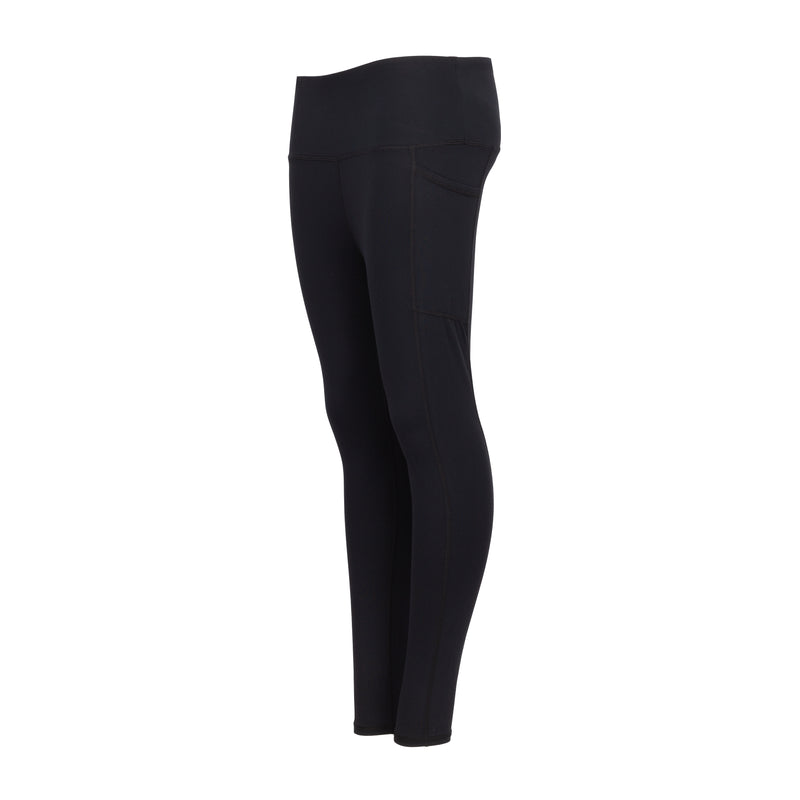 Women's black leggings with visible hip pocket panel and smooth waistband