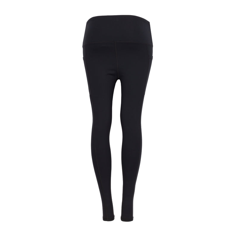 Women's black leggings, back view with yoke seam and tapered leg