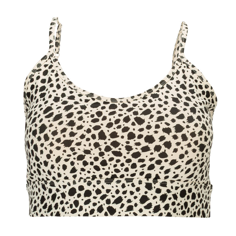 Power sports bra for women in animal dot print, wide scoop neckline with thin straps