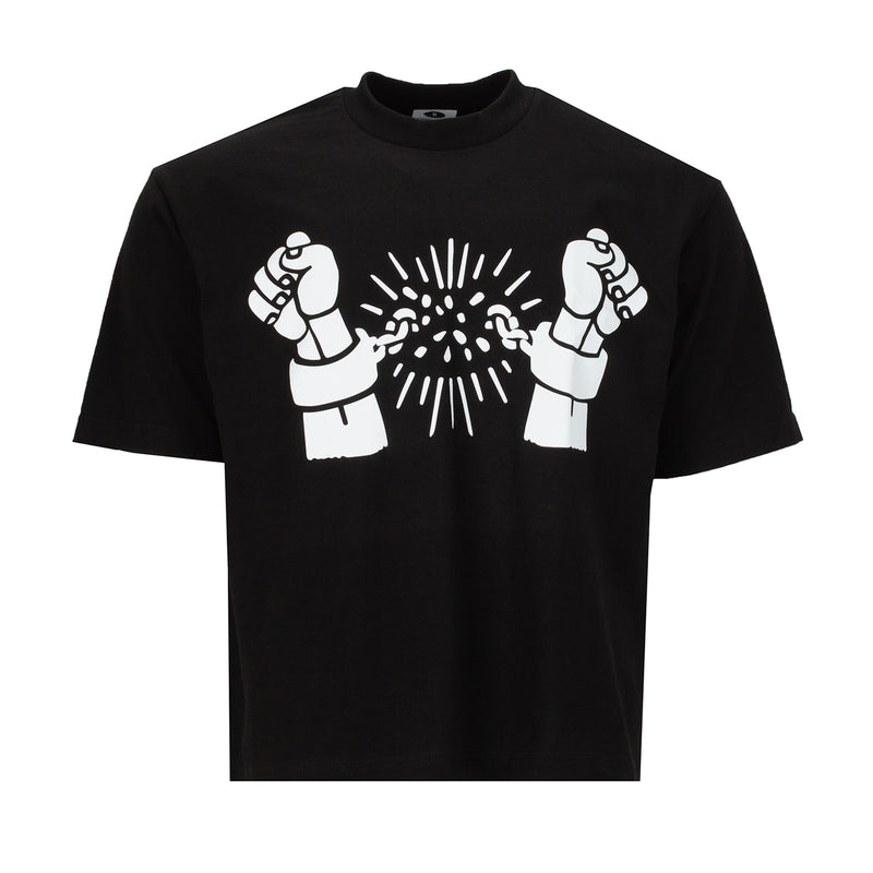 Men's black graphic t-shirt with two fists and burst design on the front