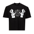 Men's black graphic t-shirt with two fists and burst design on the front