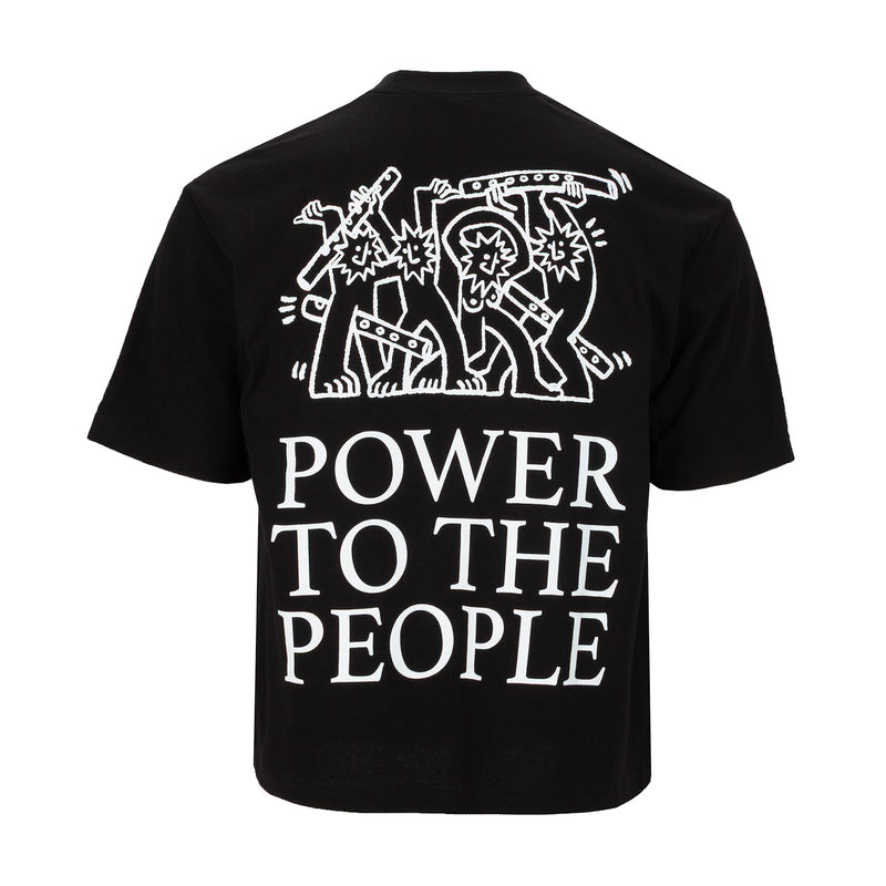 Men's black graphic t-shirt with 'POWER TO THE PEOPLE' text and back print