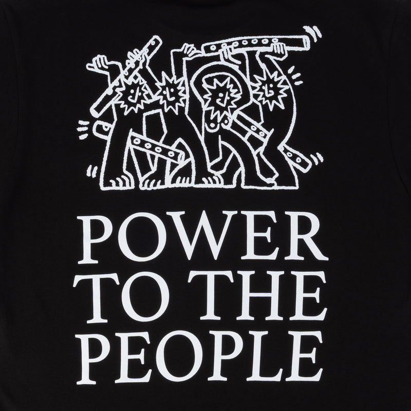 Black men's t-shirt close-up of 'POWER TO THE PEOPLE' back text print