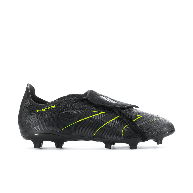 Men's black football cleats with neon green Predator detailing and molded studs