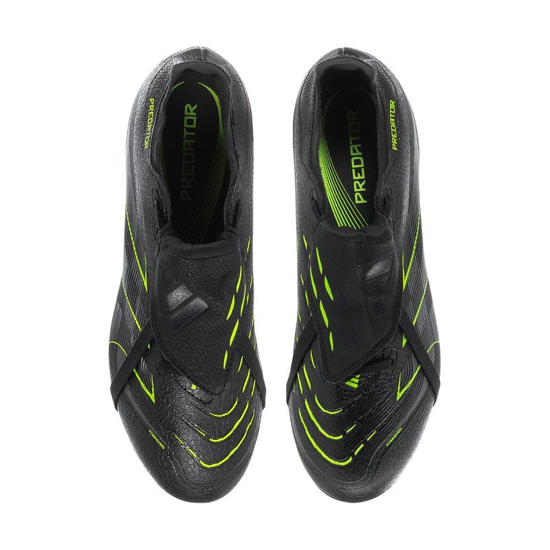 Pair of men's black cleats showing inner lining and neon green logo