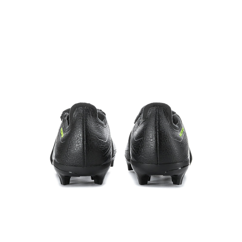 Pair of men's black cleats from heel view with molded studs