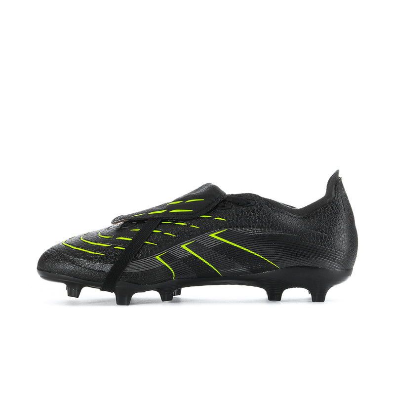 Men's black front view football cleats with neon green speed lines