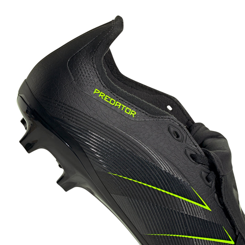 Men's black side view cleat with black laces and neon green Predator logo