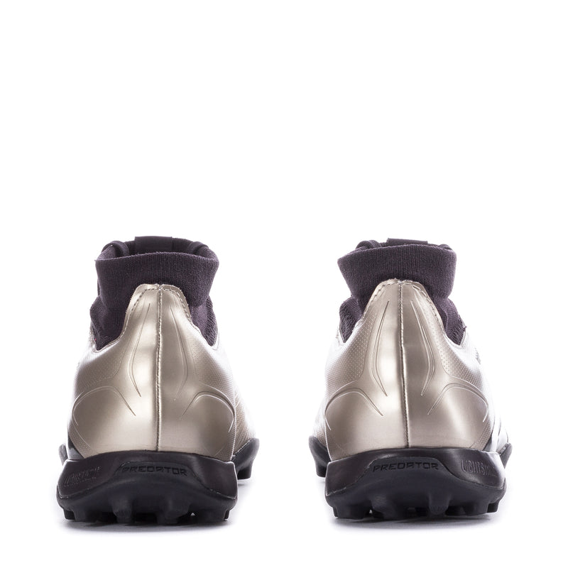 Men's mid-cut TF soccer cleats heel view, metallic silver with black trim and studs