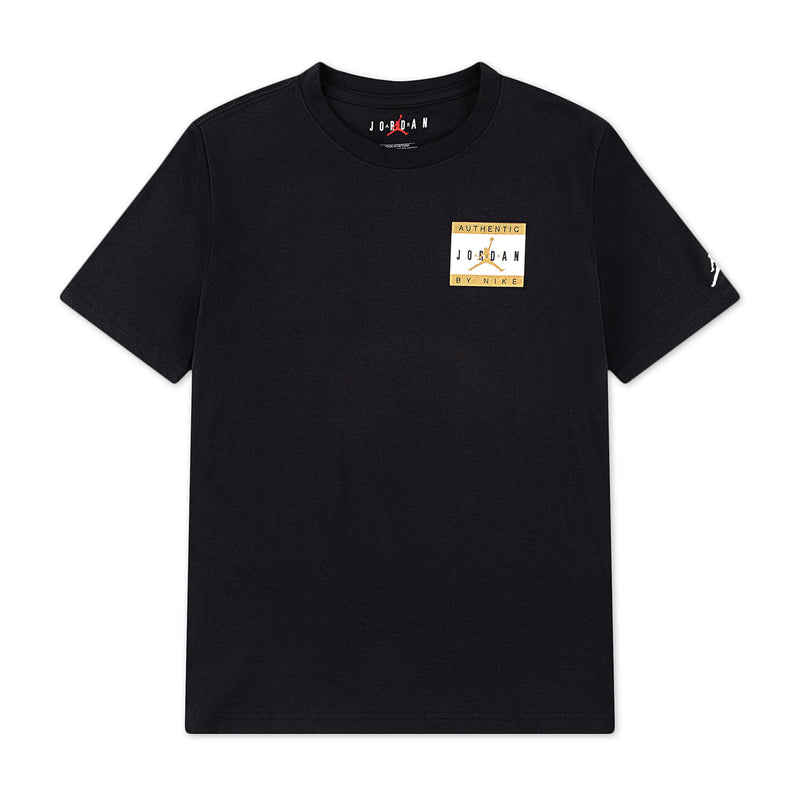 Youth black crewneck tee with small chest logo label print