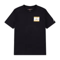 Youth black crewneck tee with small chest logo label print