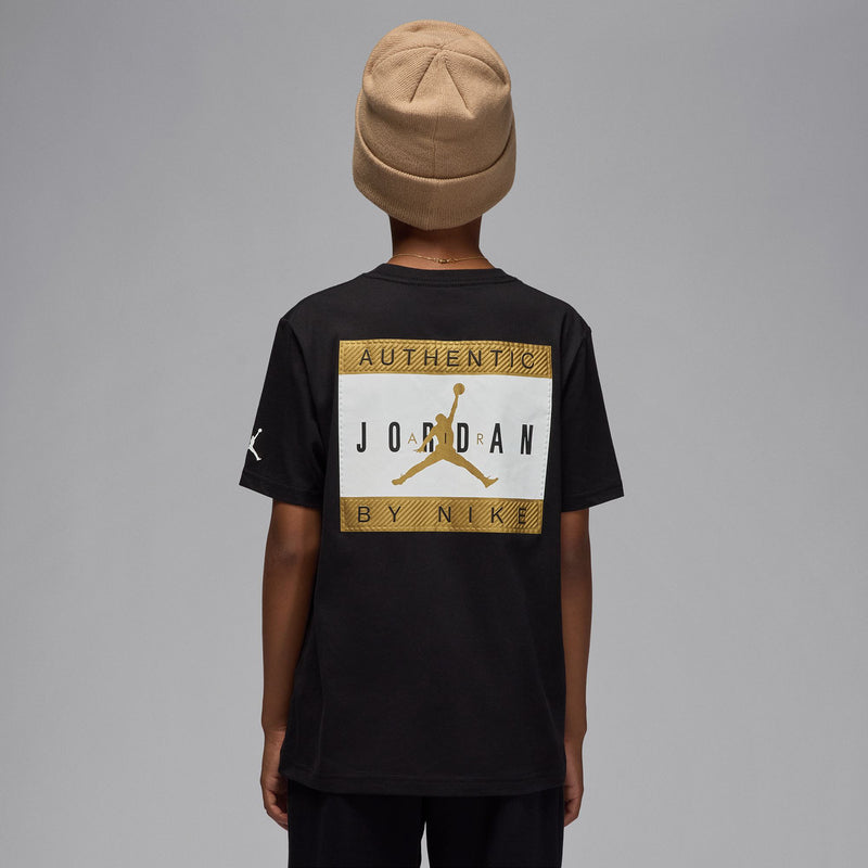 Youth black tee back with large Authentic Jordan By Nike label graphic