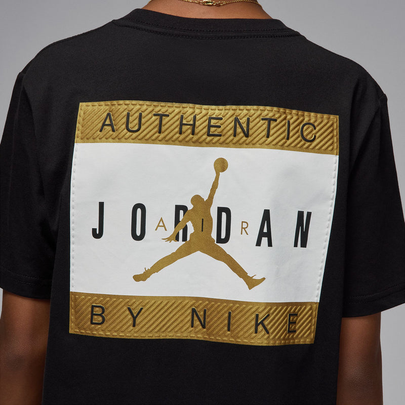 Back view of youth black tee with Authentic Jordan By Nike patch graphic
