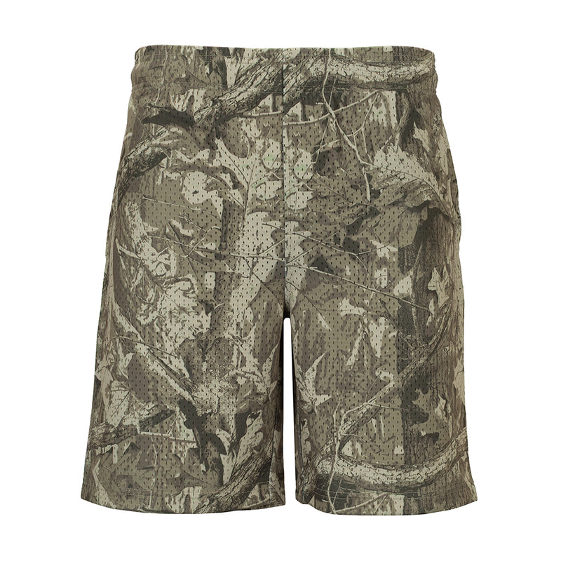 Men's printed tree camo shorts with elastic waistband and straight hem