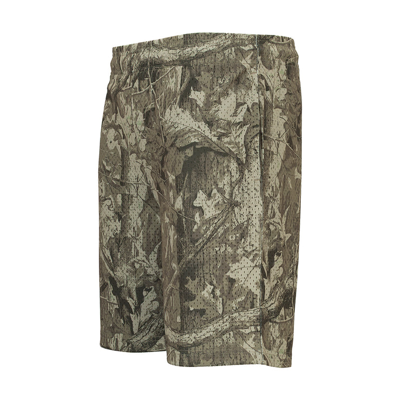 Men's tree camo printed shorts, side view with elastic waistband