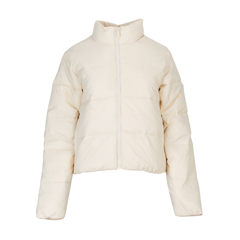 Women's parchment puffer jacket with full-zip front and stand collar