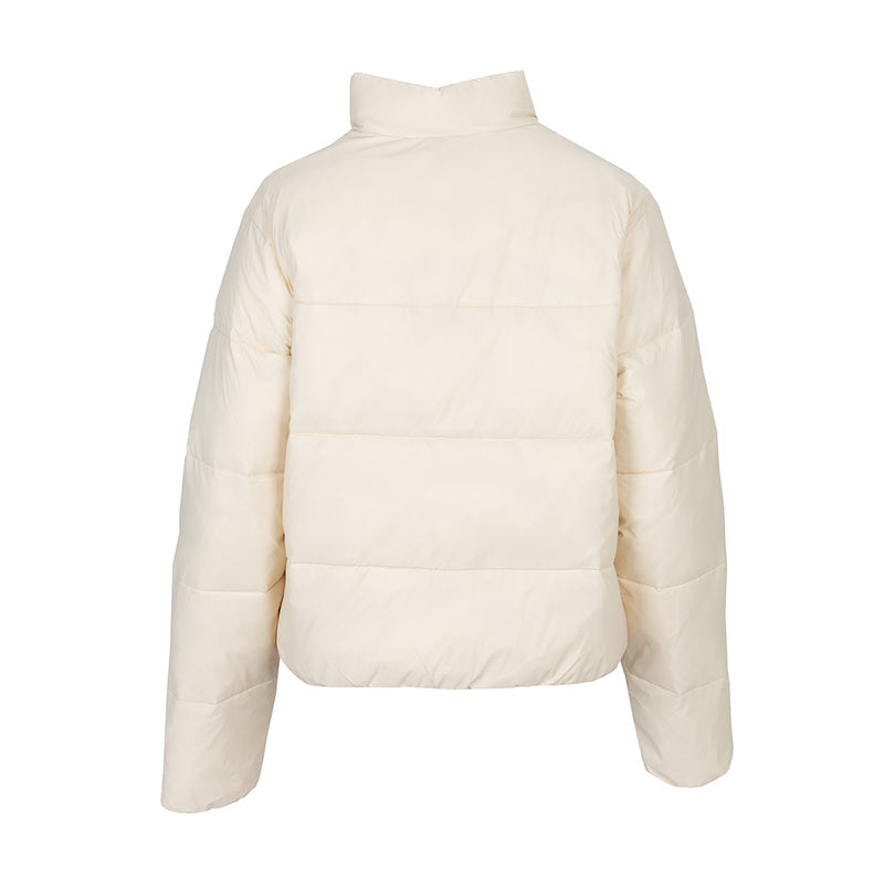 Women's parchment puffer jacket back view with stand collar and quilting