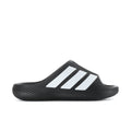Men's black slide sandals with three white strap stripes and textured upper