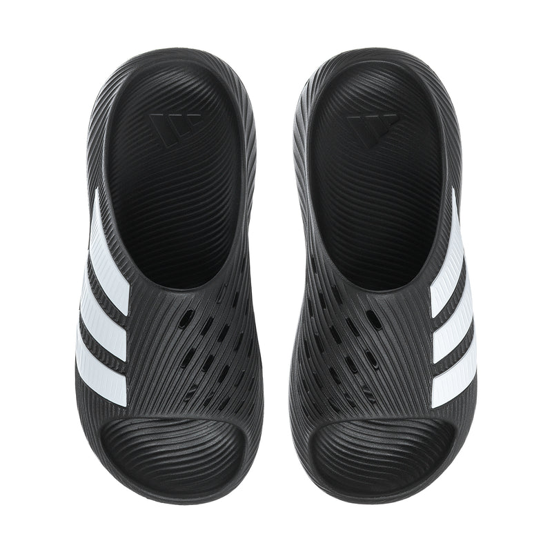 Men's black slide sandals with two white stripe bands and vented toe