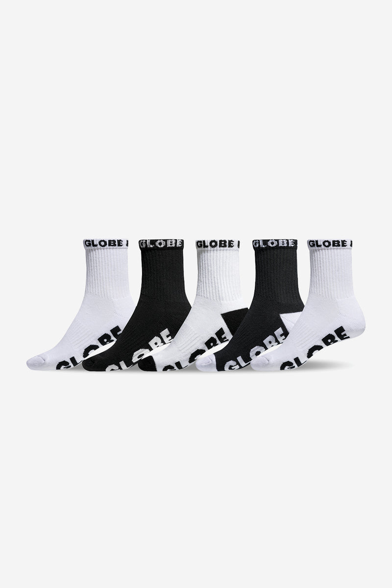 Quarter sock five pack in black and white with Globe logo on the cuff