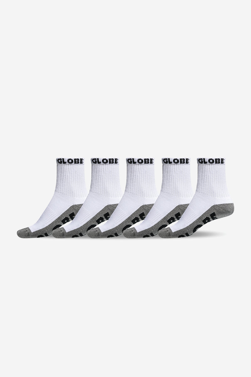 Quarter sock five pack in white and grey with Globe logo on the cuff