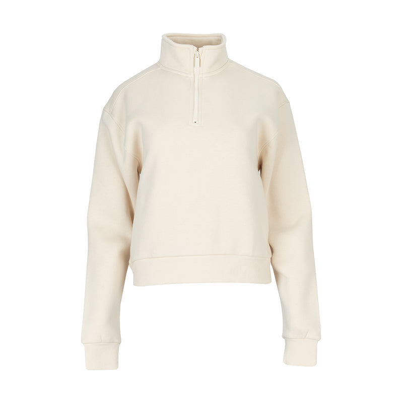 Women's parchment fleece half-zip pullover with stand collar and long sleeves