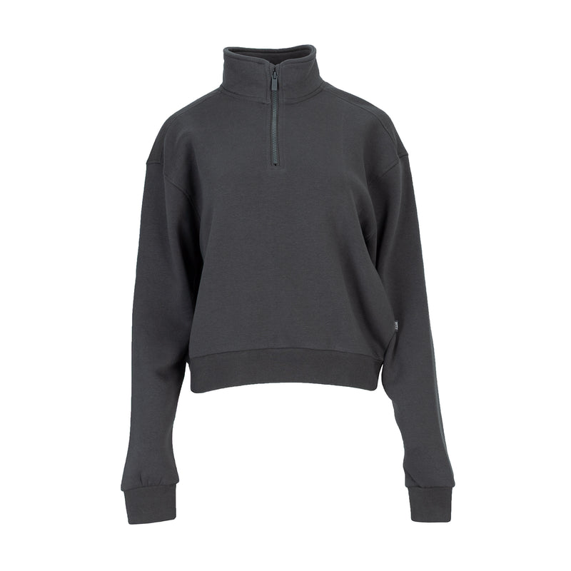 Women's dark fleece quarter-zip pullover with stand collar