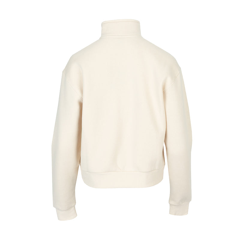 Women's parchment fleece pullover back view with long sleeves and ribbed hem