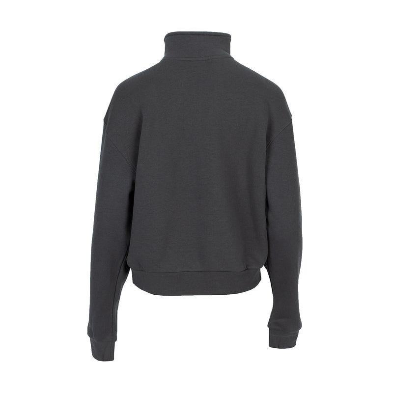 Women's dark fleece pullover with high stand collar, back view