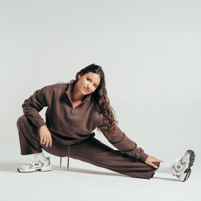 Chocolate brown women's fleece half-zip pullover with matching drawstring pants