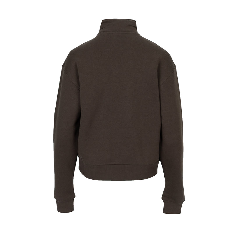 Chocolate brown women's fleece half-zip pullover, back view, long sleeves