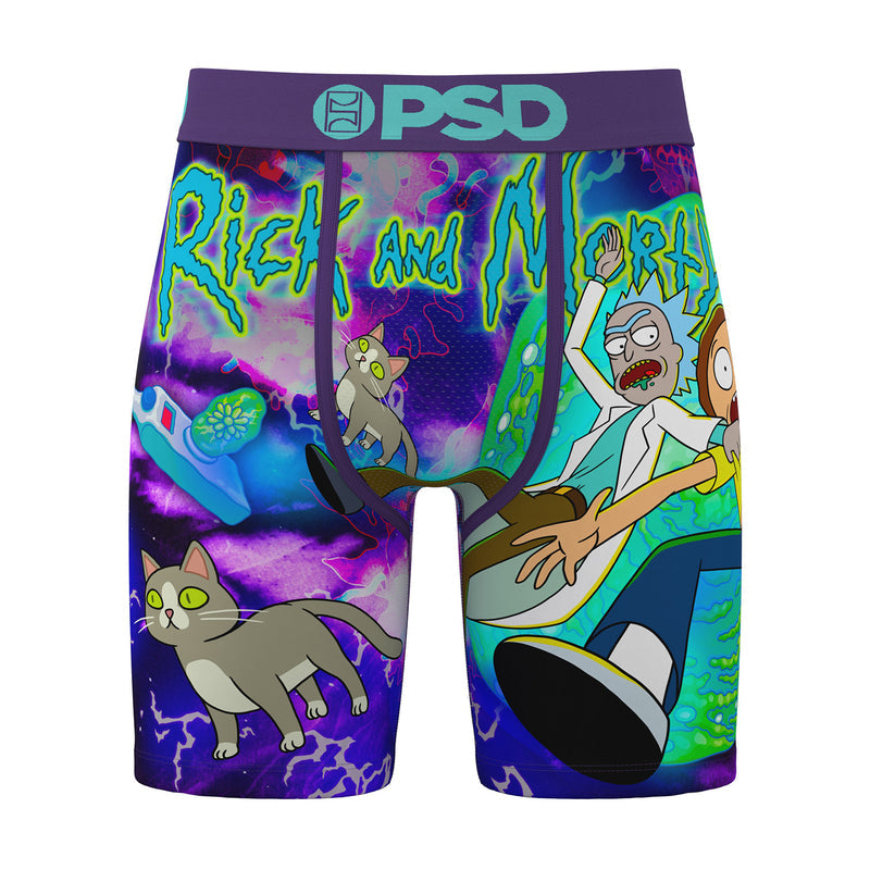 Men's boxer briefs, purple cat and sci-fi graphic, PSD logo waistband