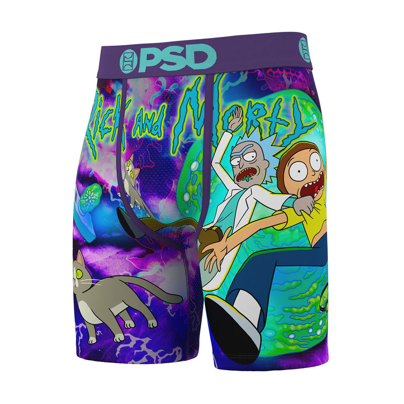 Men's boxer briefs, purple and green cartoon character print, PSD logo waistband