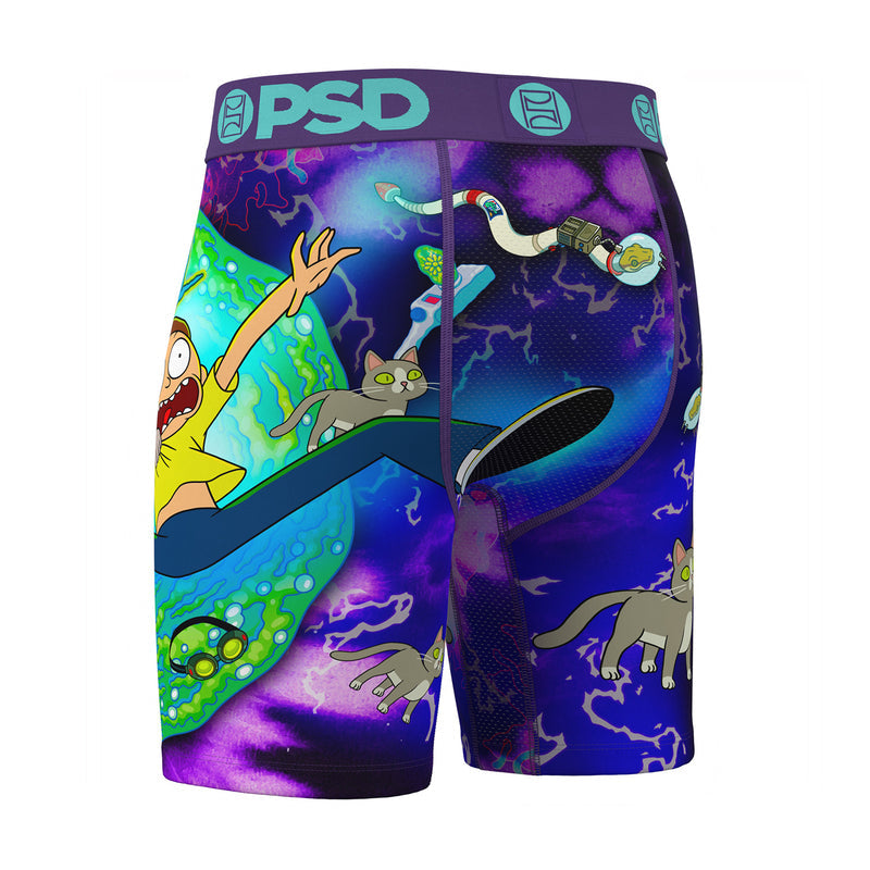 Men's boxer briefs, deep purple sci-fi scene with cat figures, PSD logo waistband