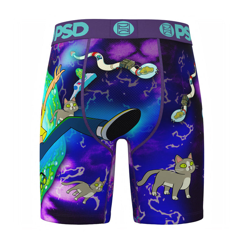 Men's boxer briefs, purple underwater sci-fi graphic with cats, PSD logo waistband