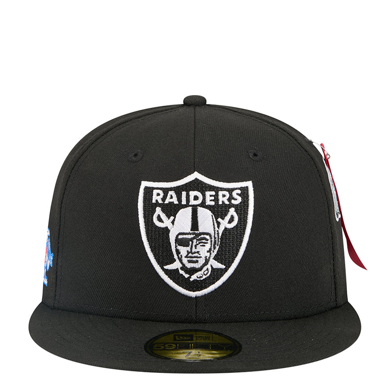 Black baseball cap with Raiders shield logo and flat brim