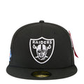 Black baseball cap with Raiders shield logo and flat brim