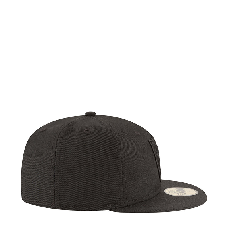 Black Raiders baseball cap, side view with embroidered logo and curved brim