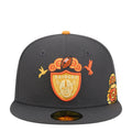 Dark grey baseball cap with orange top button, Raiders crest, marigold and bird patches