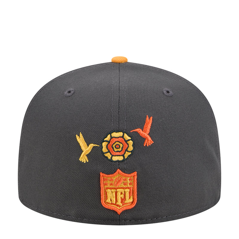 Dark grey baseball cap with orange NFL shield, marigold flower center and yellow bird patches