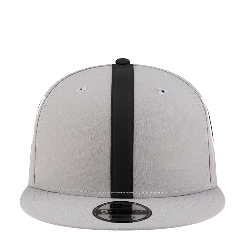 Grey and black snapback cap with front vertical black stripe