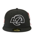 Black baseball cap with white Rams graphic on front and multicolor side embroidery.
