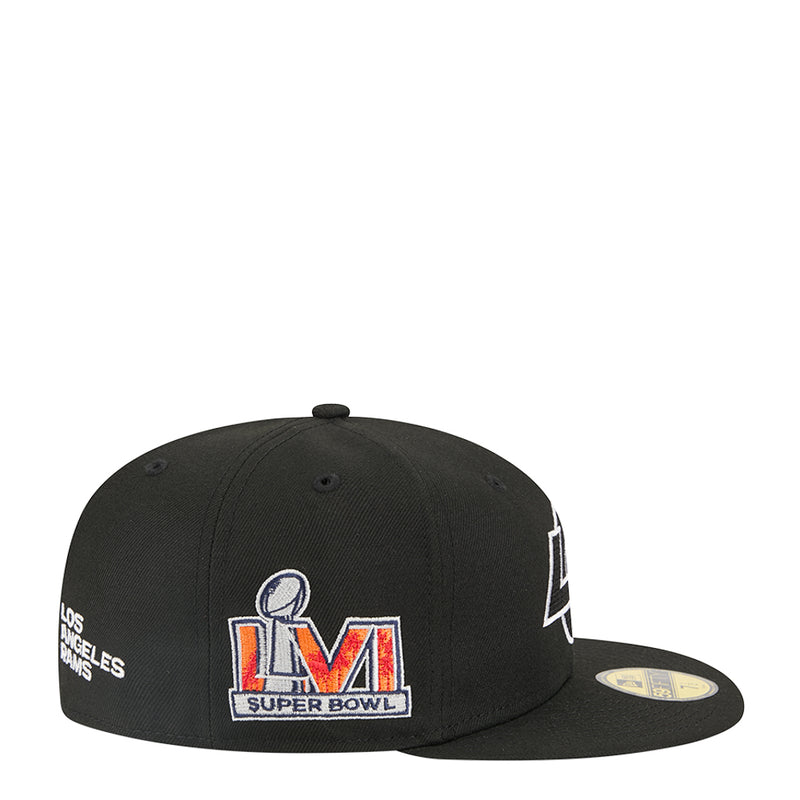 Black baseball cap with Los Angeles Rams Super Bowl logo patch and NFL emblem.