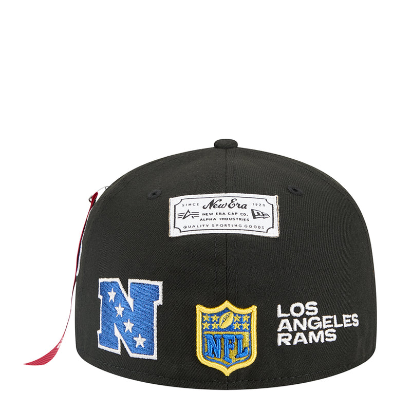 Black baseball cap with New Era patch, Los Angeles Rams text, and NFL shield badge.