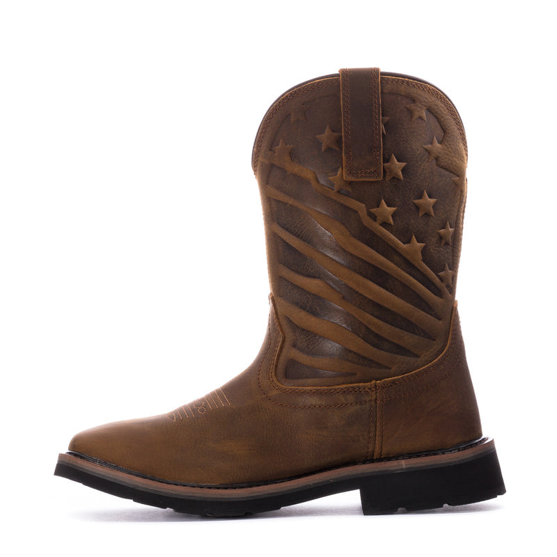 Men's brown western boot with embroidered stars and diagonal stripe motif, pull-on