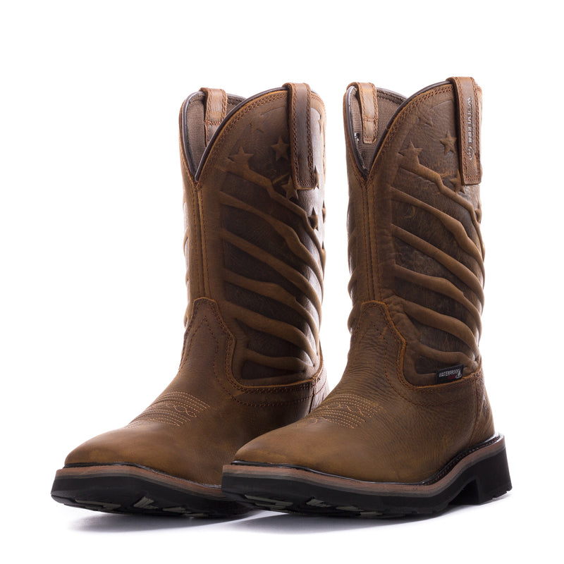 Men's western boots pair in brown with star and stripe embroidery and pull tabs